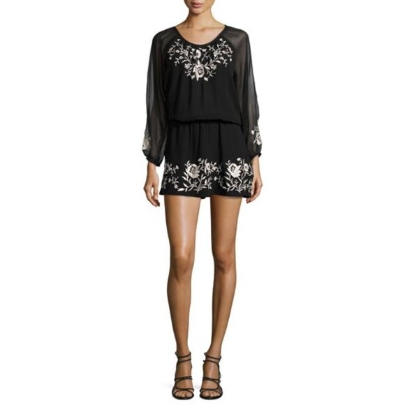 Joie Womens Avanta Embroidered Trim Silk Mini Dress Black Blouson size Medium - Picture 1 of 16